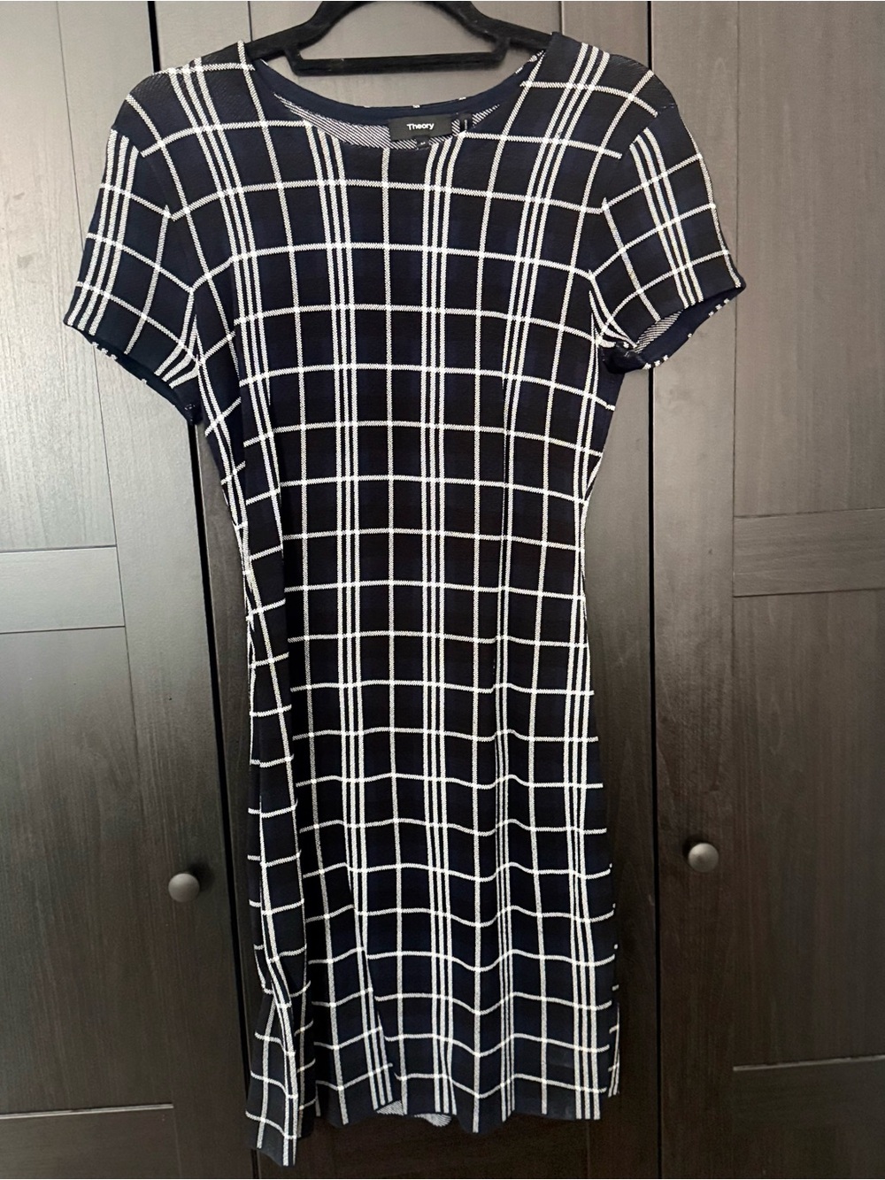 Theory Navy and White Windowpane Knit Shift Dress
